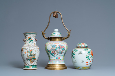 Two Chinese famille verte vases and a lamp-mounted famille rose vase, 19th C.