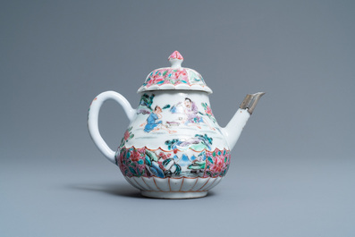 A Chinese famille rose 'fishermen' teapot and cover, Yongzheng