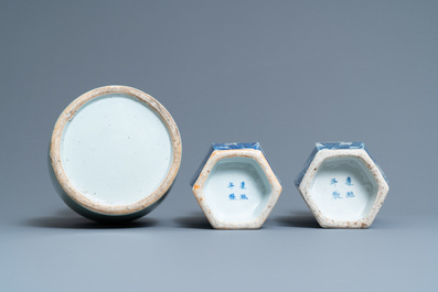 A pair of Chinese blue and white vases and a celadon-ground vase, 19th C.