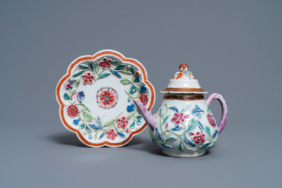 A Chinese famille rose relief-decorated teapot on stand, Yongzheng