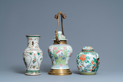 Two Chinese famille verte vases and a lamp-mounted famille rose vase, 19th C.