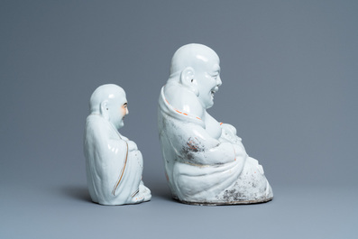 Five Chinese famille rose and white figures of Buddha, seal marks, 19/20th C.