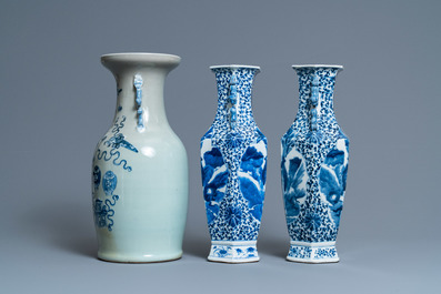 A pair of Chinese blue and white vases and a celadon-ground vase, 19th C.