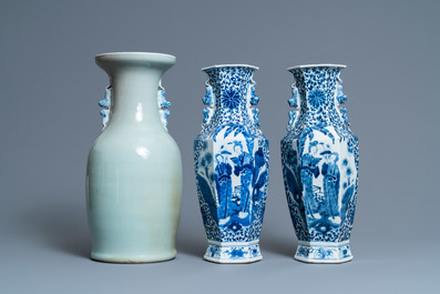 A pair of Chinese blue and white vases and a celadon-ground vase, 19th C.