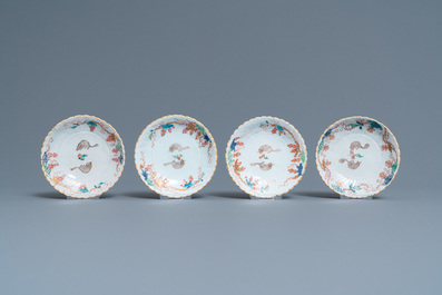 Four Chinese lotus-moulded famille rose cups and saucers with squirrels, Yongzheng