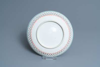 Three Chinese blue and white and famille rose dishes, Kangxi/Yongzheng