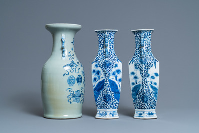 A pair of Chinese blue and white vases and a celadon-ground vase, 19th C.