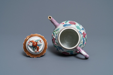 A Chinese famille rose relief-decorated teapot on stand, Yongzheng