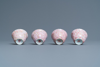 Four Chinese lotus-moulded famille rose cups and saucers with squirrels, Yongzheng