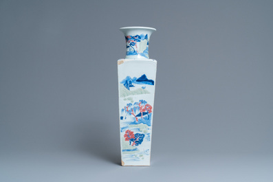 A Chinese blue and white, celadon and copper-red tapering square vase with landscape panels, Kangxi