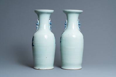 A pair of Chinese blue and white celadon 'pheasant' vases, 19th C.