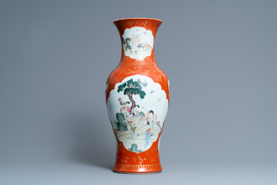 A Chinese famille rose coral red-ground vase, Qianlong mark, Republic