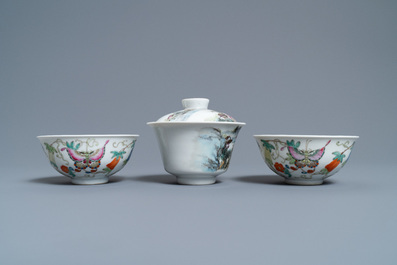 A Chinese famille rose bowl and cover and two 'butterfly' bowls, Jingdezhen mark, Republic