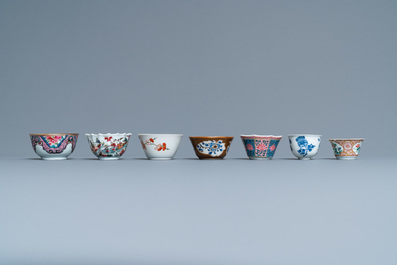 Seven Chinese famille rose and other cups and saucers, Kangxi and later
