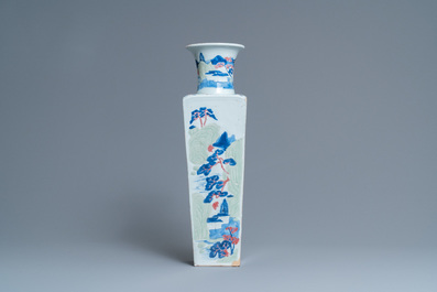 A Chinese blue and white, celadon and copper-red tapering square vase with landscape panels, Kangxi