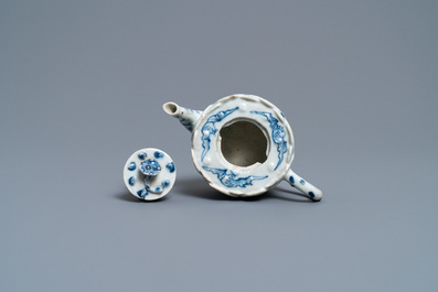 A Chinese blue and white tripod lotus-molded teapot and cover, Kangxi