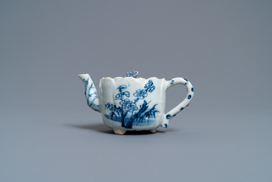 A Chinese blue and white tripod lotus-molded teapot and cover, Kangxi