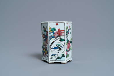 A Chinese hexagonal famille rose brush pot with deer and antiquities, Yongzheng