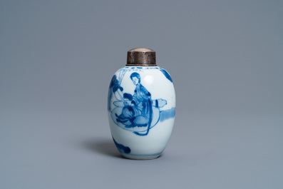 A Chinese blue and white silver-mounted tea caddy, Kangxi
