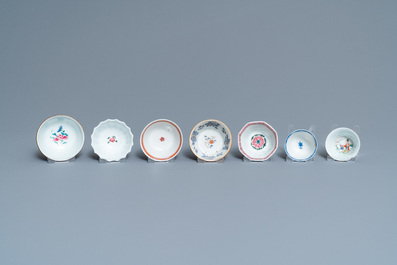Seven Chinese famille rose and other cups and saucers, Kangxi and later
