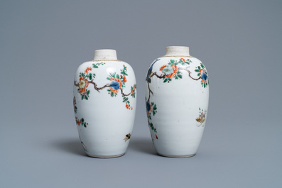 A pair of Chinese famille verte jars with birds among blossoming branches, Kangxi