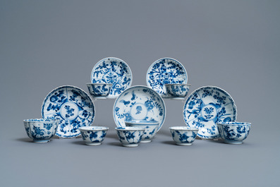 Eight Chinese blue and white cups and five saucers, Kangxi