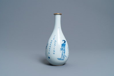 A Chinese blue and white pear-shaped 'Shuihu Zhuan' vase, Shunzhi/Kangxi