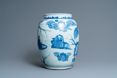 Three large Chinese blue and white vases with figures, Transitional period