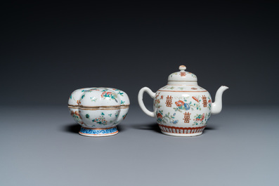 Seven Chinese famille rose saucers, a teapot and a covered box, 19th C.