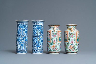A pair of Chinese blue and white and a pair of Canton famille rose vases, 19th C.