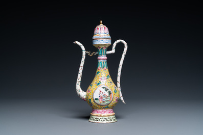A Chinese Canton enamel ewer and cover, Qianlong