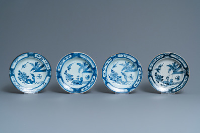 Fifteen Chinese blue and white plates and three dishes with 'cuckoo in the house' design, Qianlong