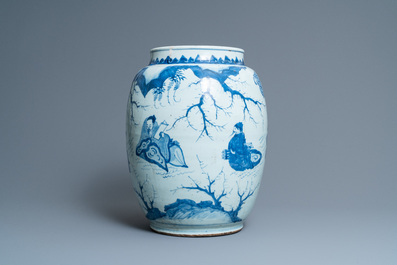 Three large Chinese blue and white vases with figures, Transitional period