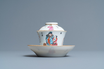 Een Chinese famille rose 'Wu Shuang Pu' dekselkop en schotel, Daoguang merk en periode