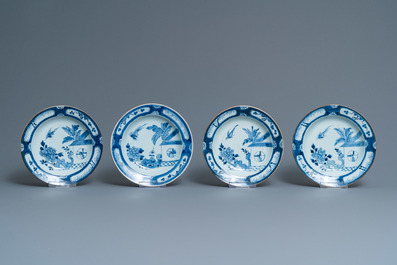 Fifteen Chinese blue and white plates and three dishes with 'cuckoo in the house' design, Qianlong