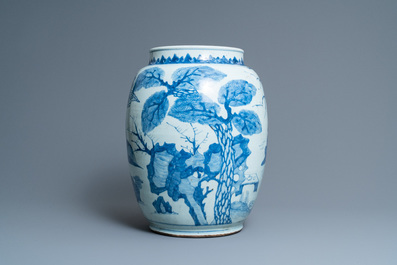 Three large Chinese blue and white vases with figures, Transitional period