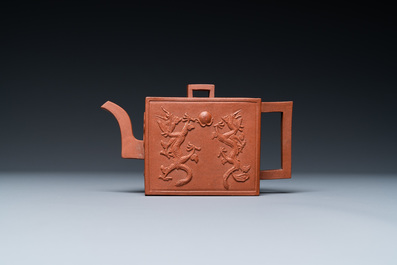 A Chinese rectangular Yixing stoneware 'dragon' teapot, seal mark, Kangxi
