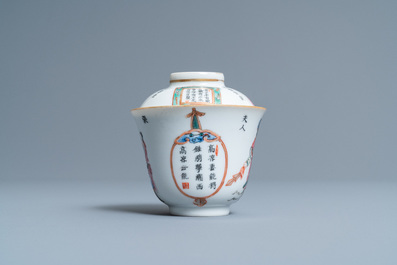 A Chinese famille rose 'Wu Shuang Pu' covered cup and saucer, Daoguang mark and of the period