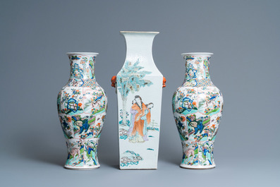 A square Chinese qianjiang cai vase and a pair of Samson famille verte vases, 19th C.