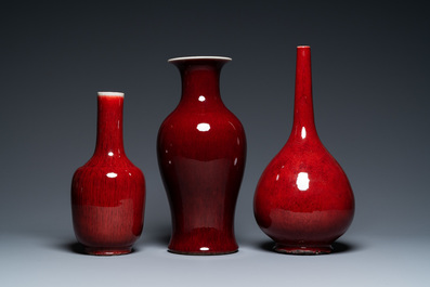 Three Chinese monochrome sang de boeuf vases, 19/20th C.