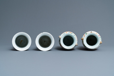 A pair of Chinese blue and white and a pair of Canton famille rose vases, 19th C.