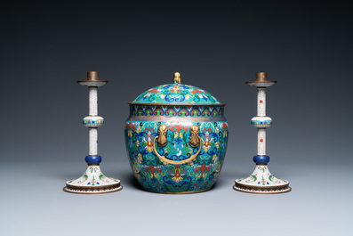 A Chinese cloisonn&eacute; bowl and cover and a pair of candlesticks, 19/20th C.