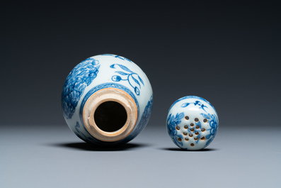 A Chinese blue and white screw top caster after a European silver model, Qianlong