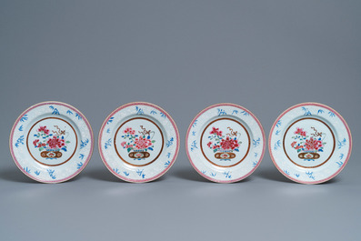 Six Chinese famille rose plates and a pair of blue and white plates, Kangxi/Qianlong