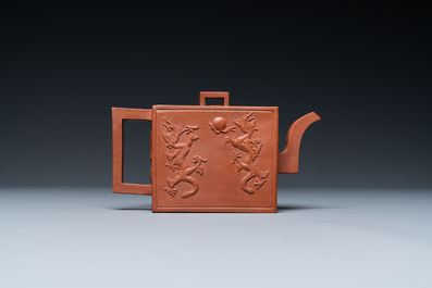 A Chinese rectangular Yixing stoneware 'dragon' teapot, seal mark, Kangxi