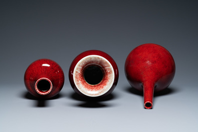 Three Chinese monochrome sang de boeuf vases, 19/20th C.