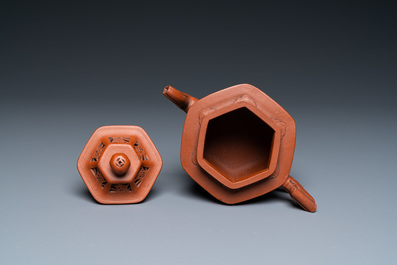 A Chinese reticulated double-walled Yixing stoneware teapot and cover, Kangxi