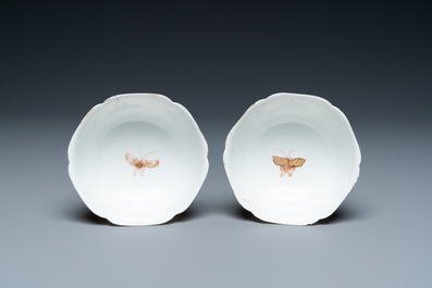 Three Chinese iron-red and gilt 'butterfly' saucers and two cups, Yongzheng