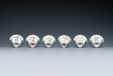 Six tasses et soucoupes en porcelaine de Chine famille rose &agrave; d&eacute;cor 'Wu Shuang Pu', marques de Qianlong et Tongzhi, 19&egrave;me