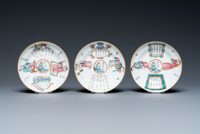 Six Chinese famille rose 'Wu Shuang Pu' cups and saucers, Qianlong and Tongzhi marks, 19th C.
